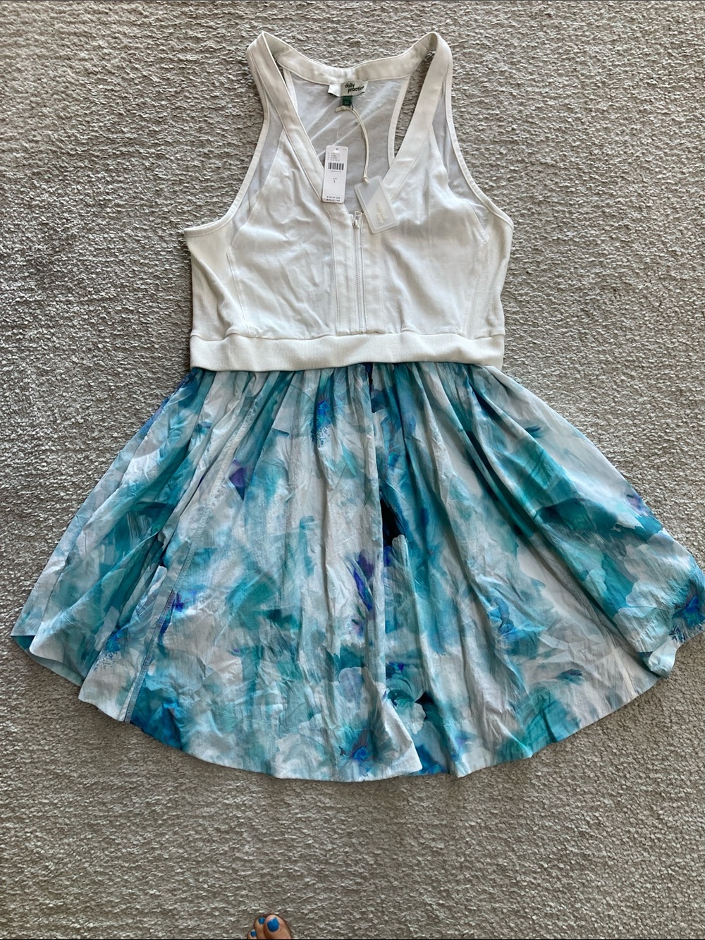 White Tank Bodice Floral Blue-Green Skirt Dress